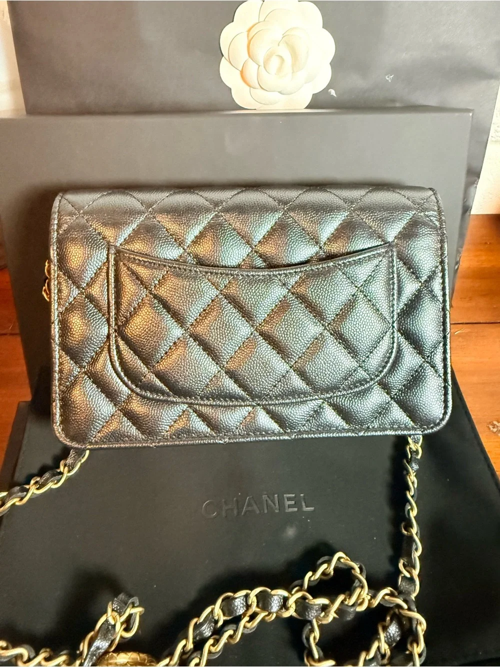 CHANEL Black Quilted Wallet with Gold CC Turn-Lock